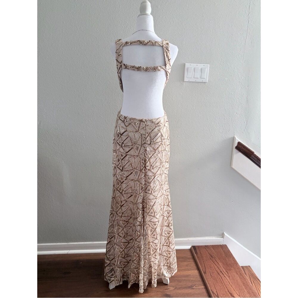 Morgan & Co Champagne Gold Sequin Open Back Gown Formal Evening Dress - Picture 2 of 15